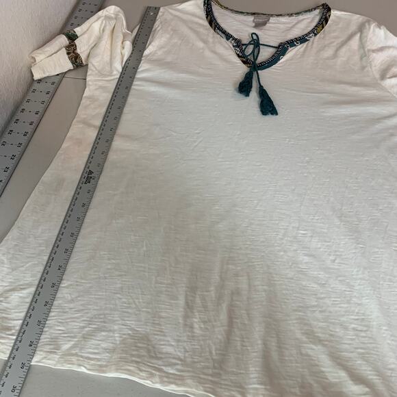 Chico's Tunic Top Size 4 3/4 Sleeve Tie Neck Tassel XXL Ecru Boho Cream Modal - Picture 6 of 15